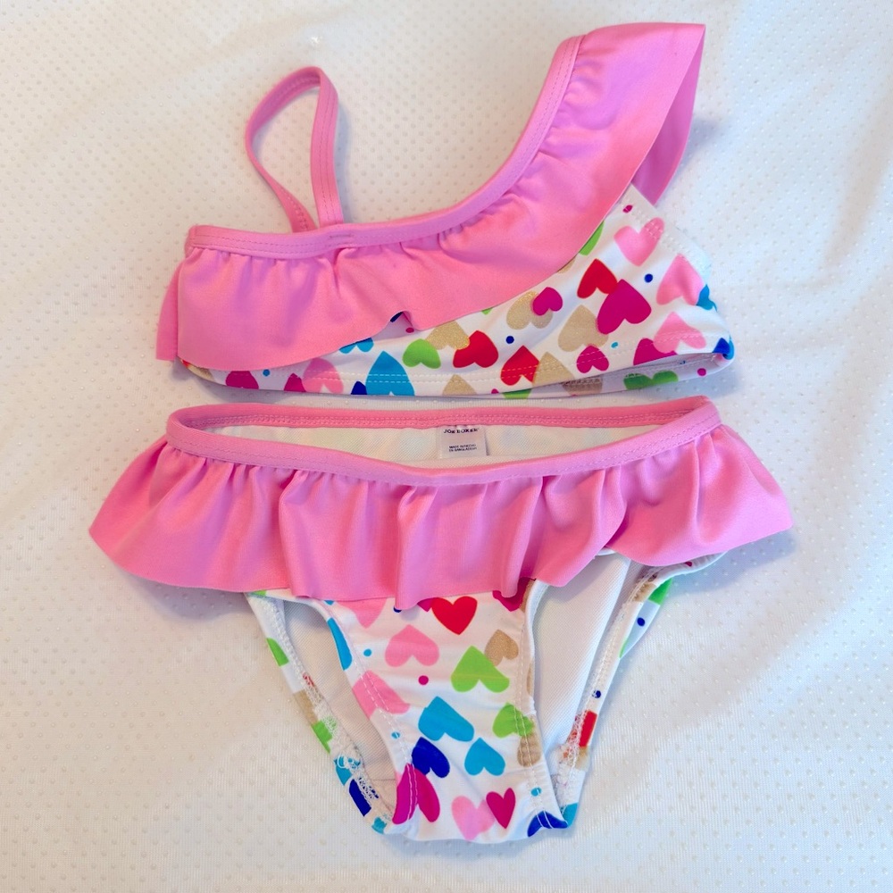 Joe Boxer 2 Piece Swimsuit Size 3T Pink Ruffles Hearts